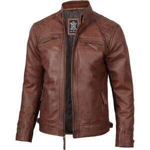 Men’s Brown Decrum Real Lambskin Leather Jacket Cafe Racer Motorcycle
